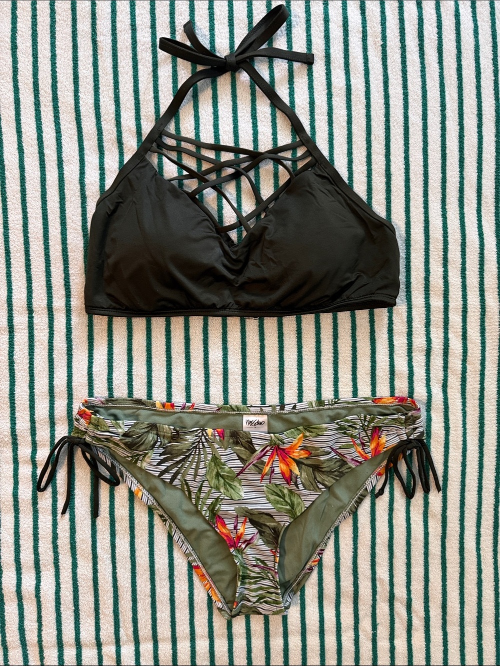 Mossimo Strappy Halter Deep Olive Top with Green Tropical Print Bikini Bottoms
